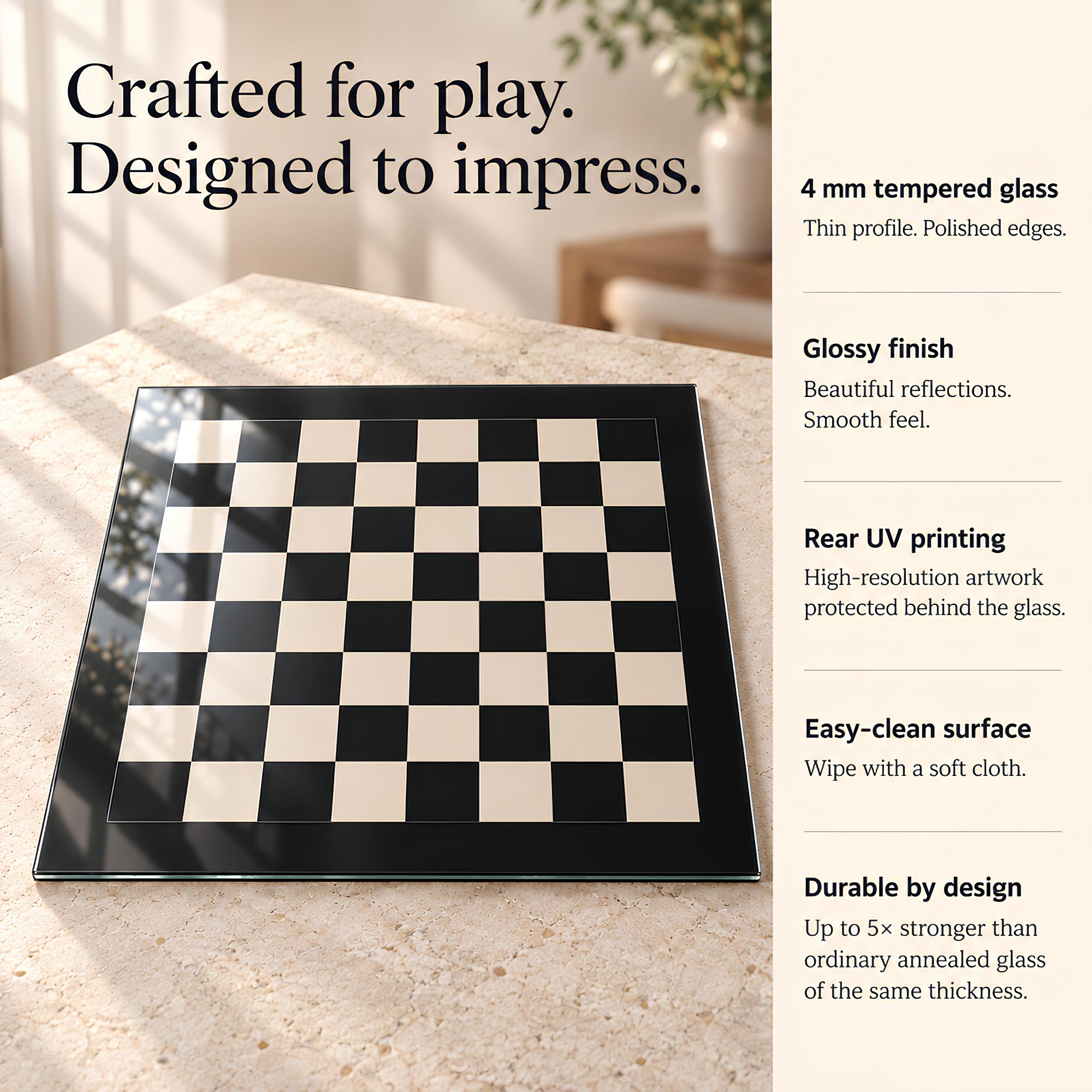 Tempered Glass Chessboard – Black & Ivory, 16″ or 20″ inch – Board Only