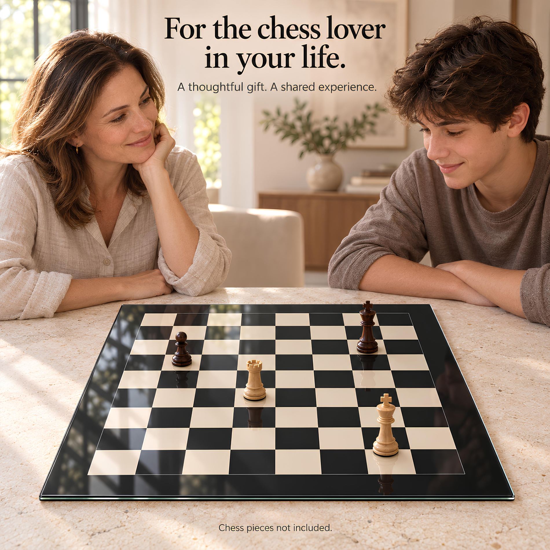 Tempered Glass Chessboard – Black & Ivory, 16″ or 20″ inch – Board Only