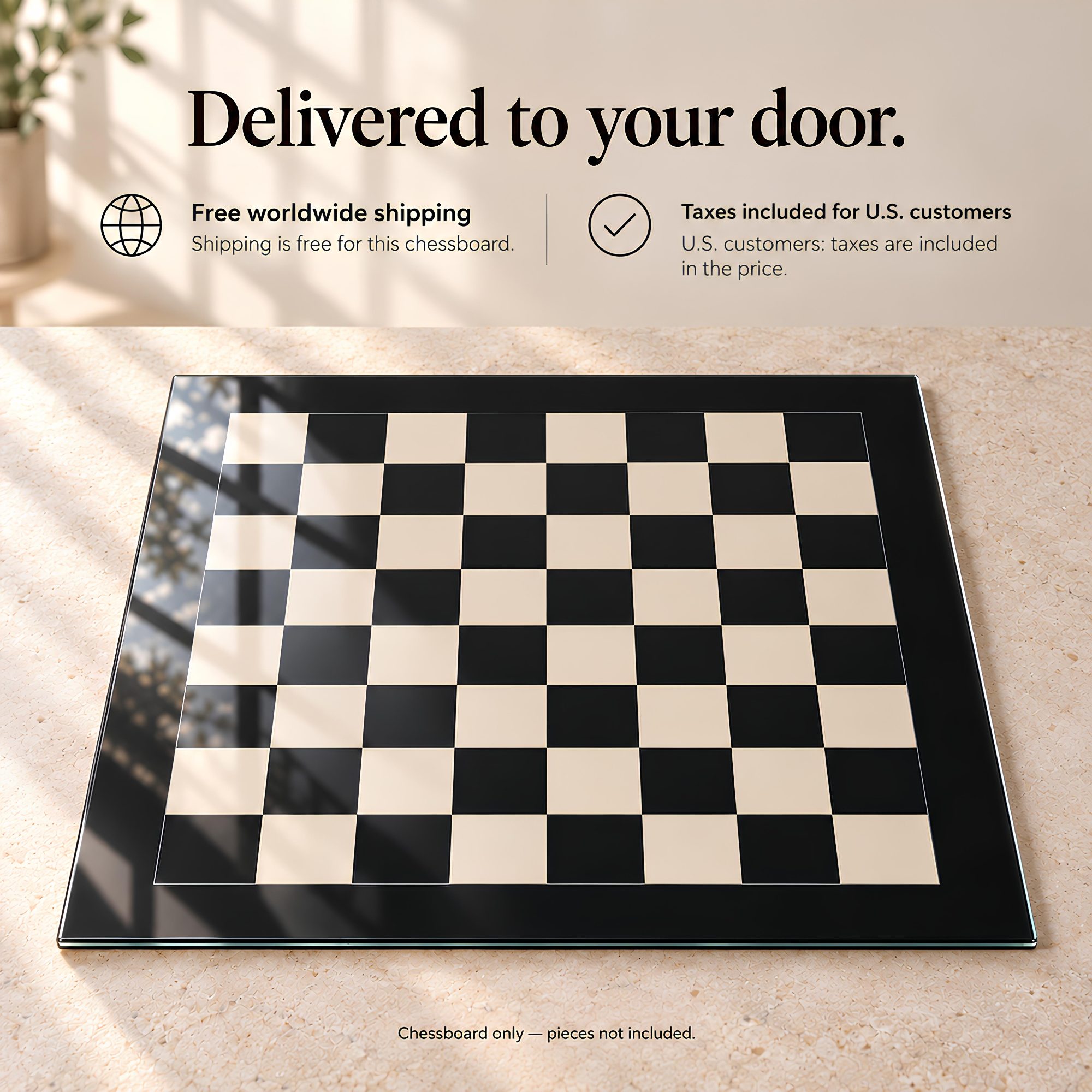 Tempered Glass Chessboard – Black & Ivory, 16″ or 20″ inch – Board Only