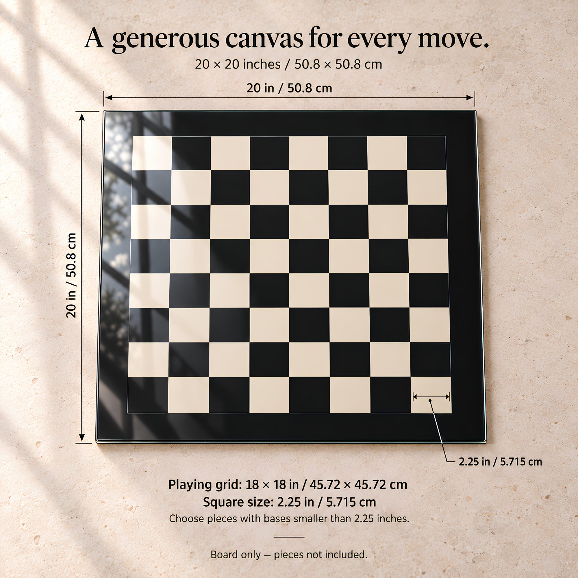 Tempered Glass Chessboard – Black & Ivory, 16″ or 20″ inch – Board Only