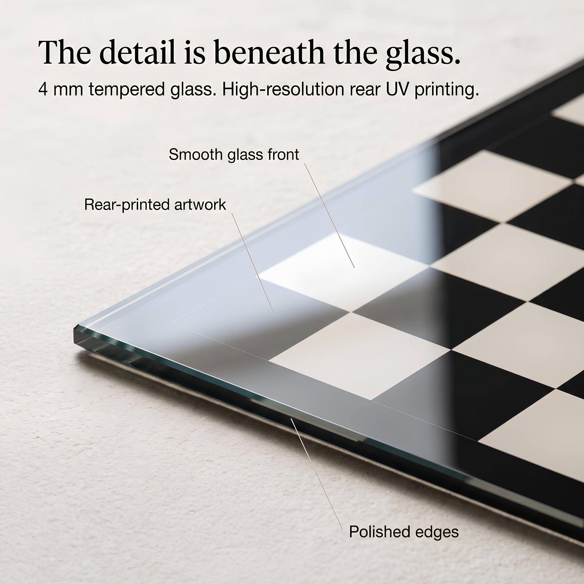 Tempered Glass Chessboard – Black & Ivory, 16″ or 20″ inch – Board Only