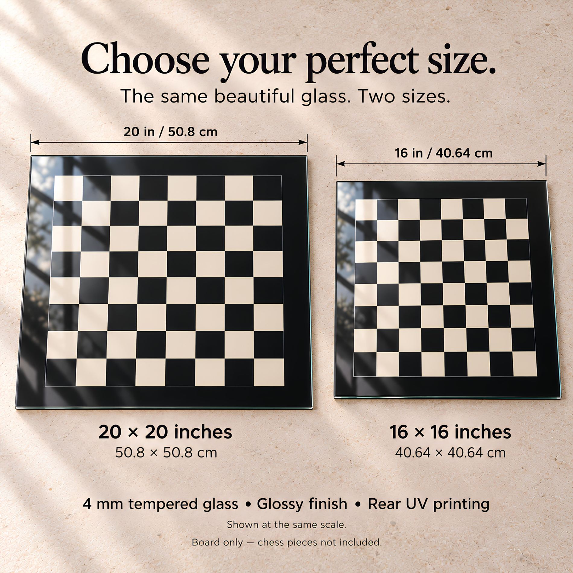 Tempered Glass Chessboard – Black & Ivory, 16″ or 20″ inch – Board Only