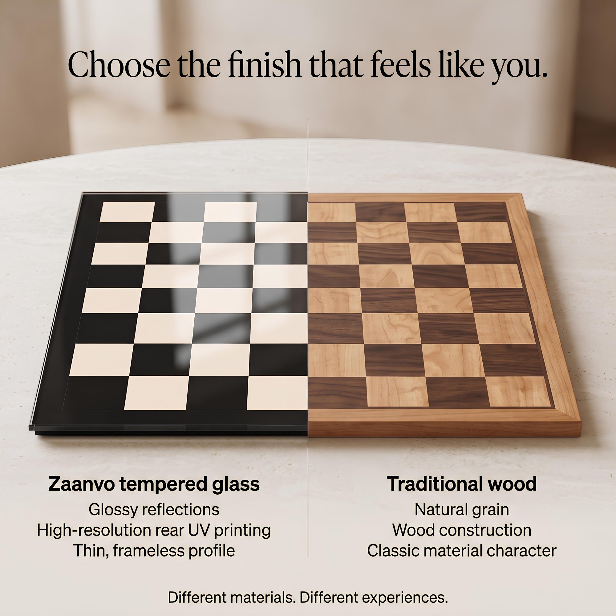 Tempered Glass Chessboard – Black & Ivory, 16″ or 20″ inch – Board Only