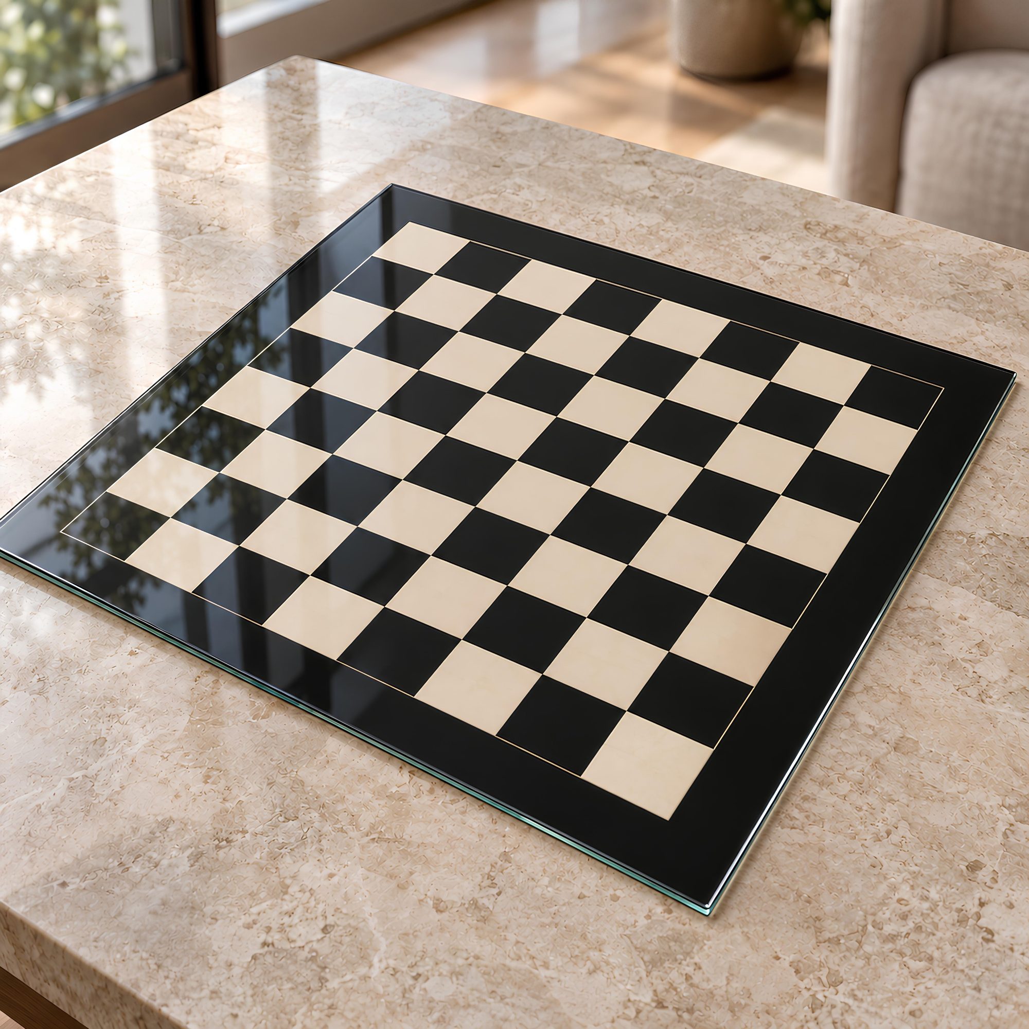 Tempered Glass Chessboard – Black & Ivory, 16″ or 20″ inch – Board Only