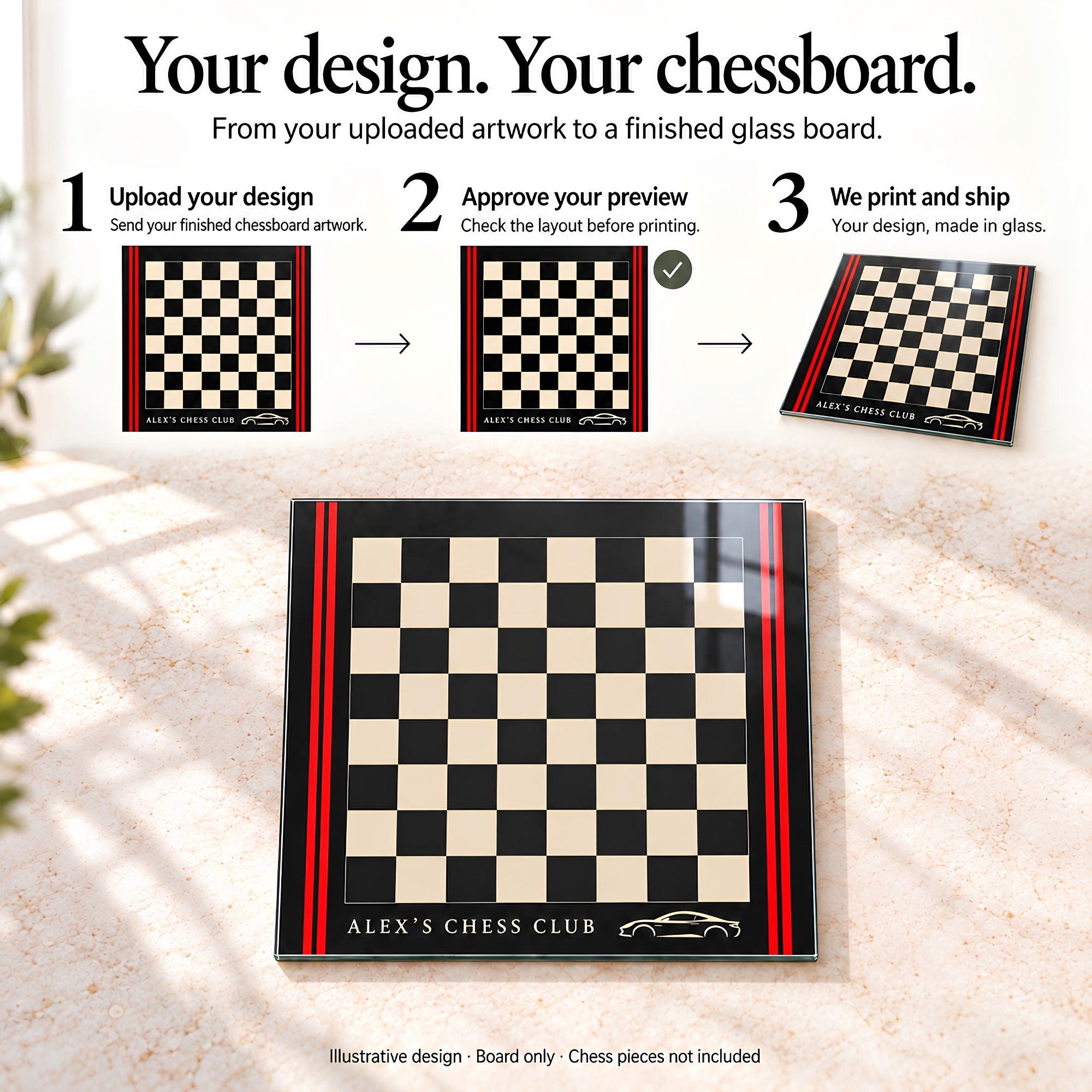 Custom Tempered Glass Chessboard – Upload Your Own Design | 12" & 16″ & 20″ Inches