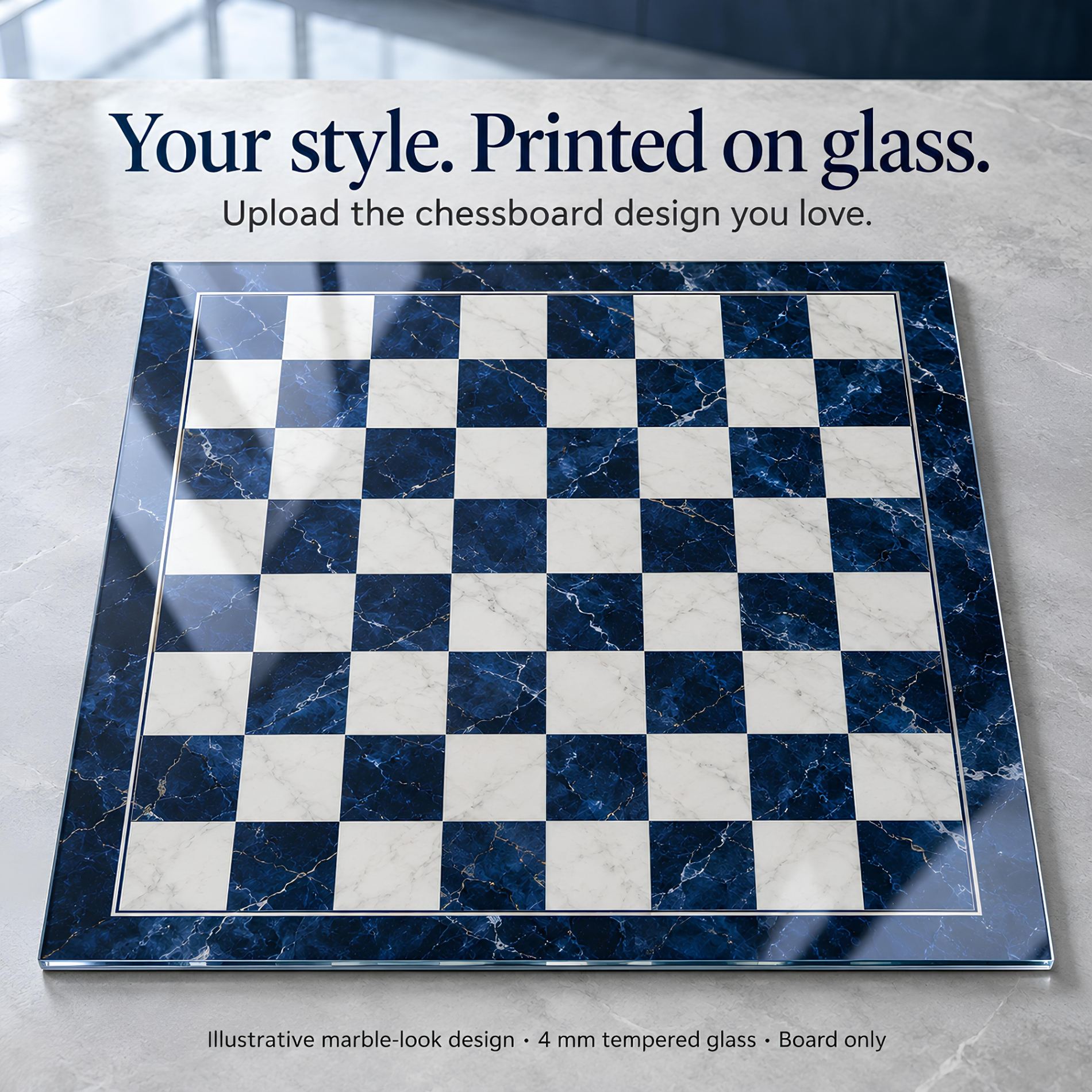 Custom Tempered Glass Chessboard – Upload Your Own Design | 12" & 16″ & 20″ Inches