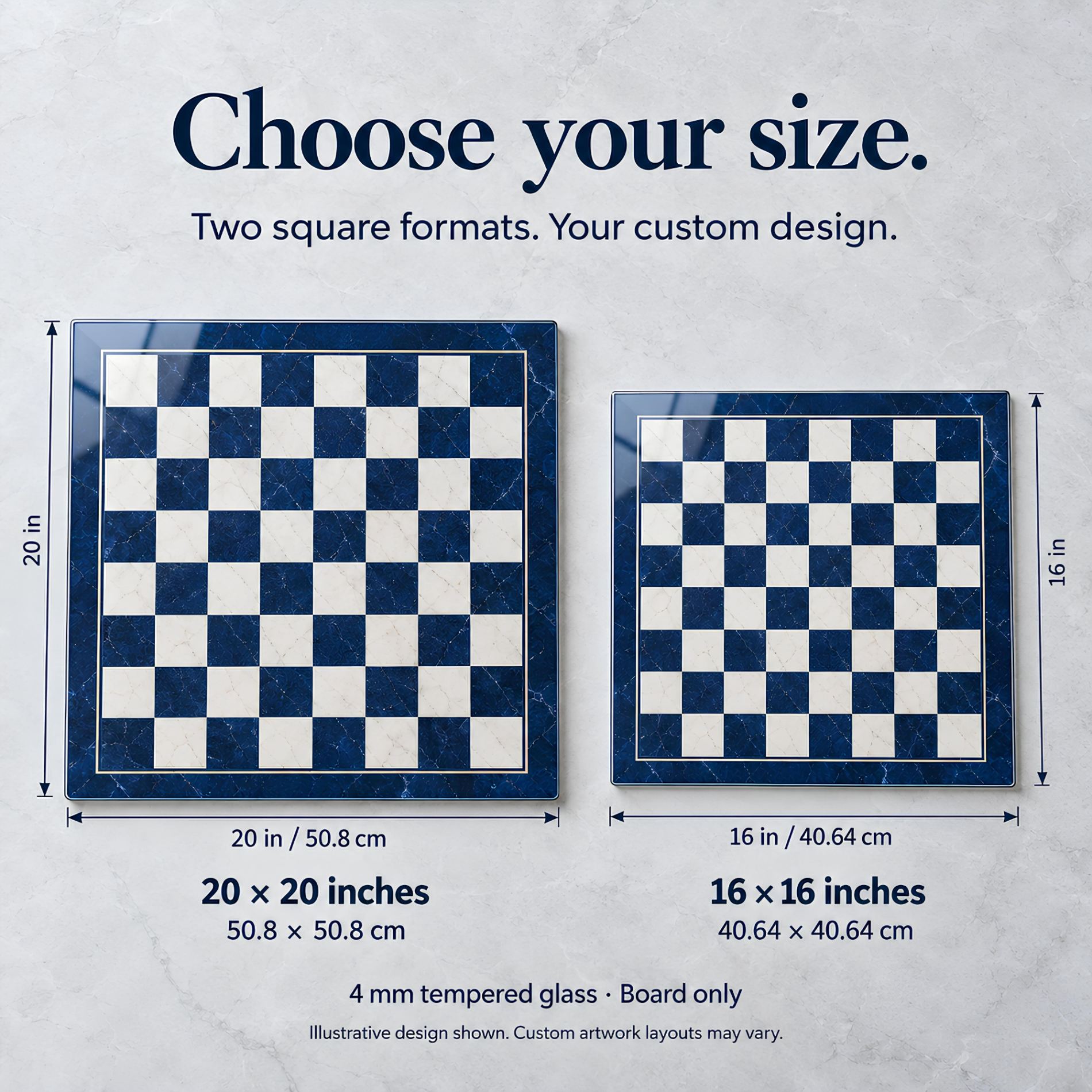 Custom Tempered Glass Chessboard – Upload Your Own Design | 12" & 16″ & 20″ Inches