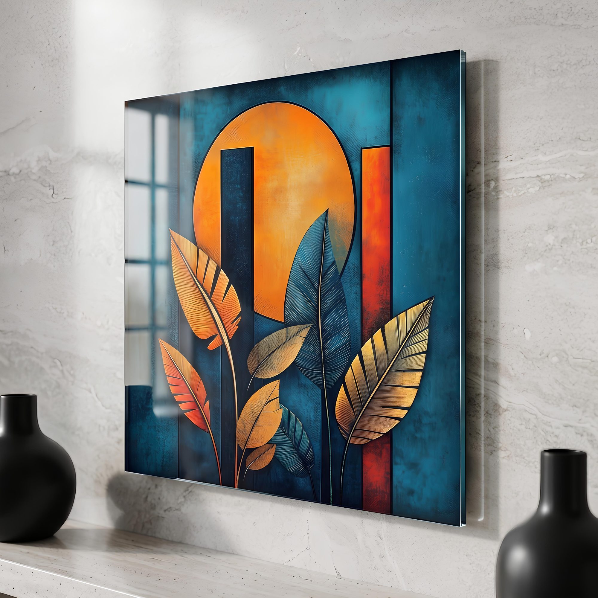 Modern Geometric Sun & Leaves Glass Wall Art