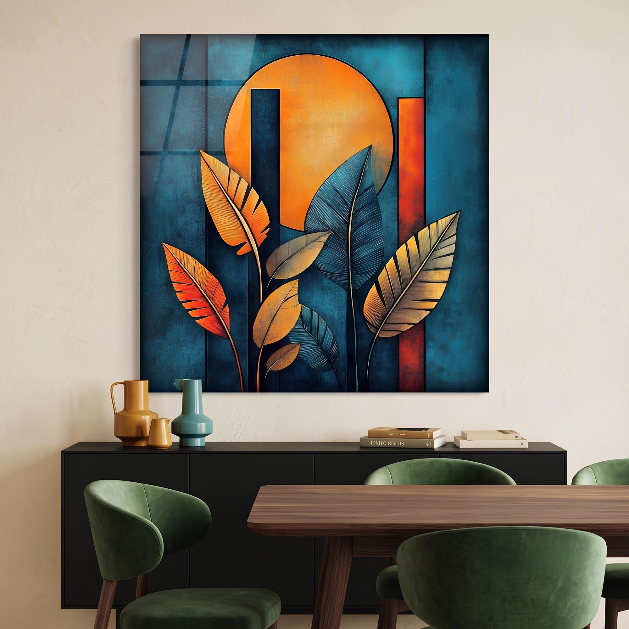 Modern Geometric Sun & Leaves Glass Wall Art