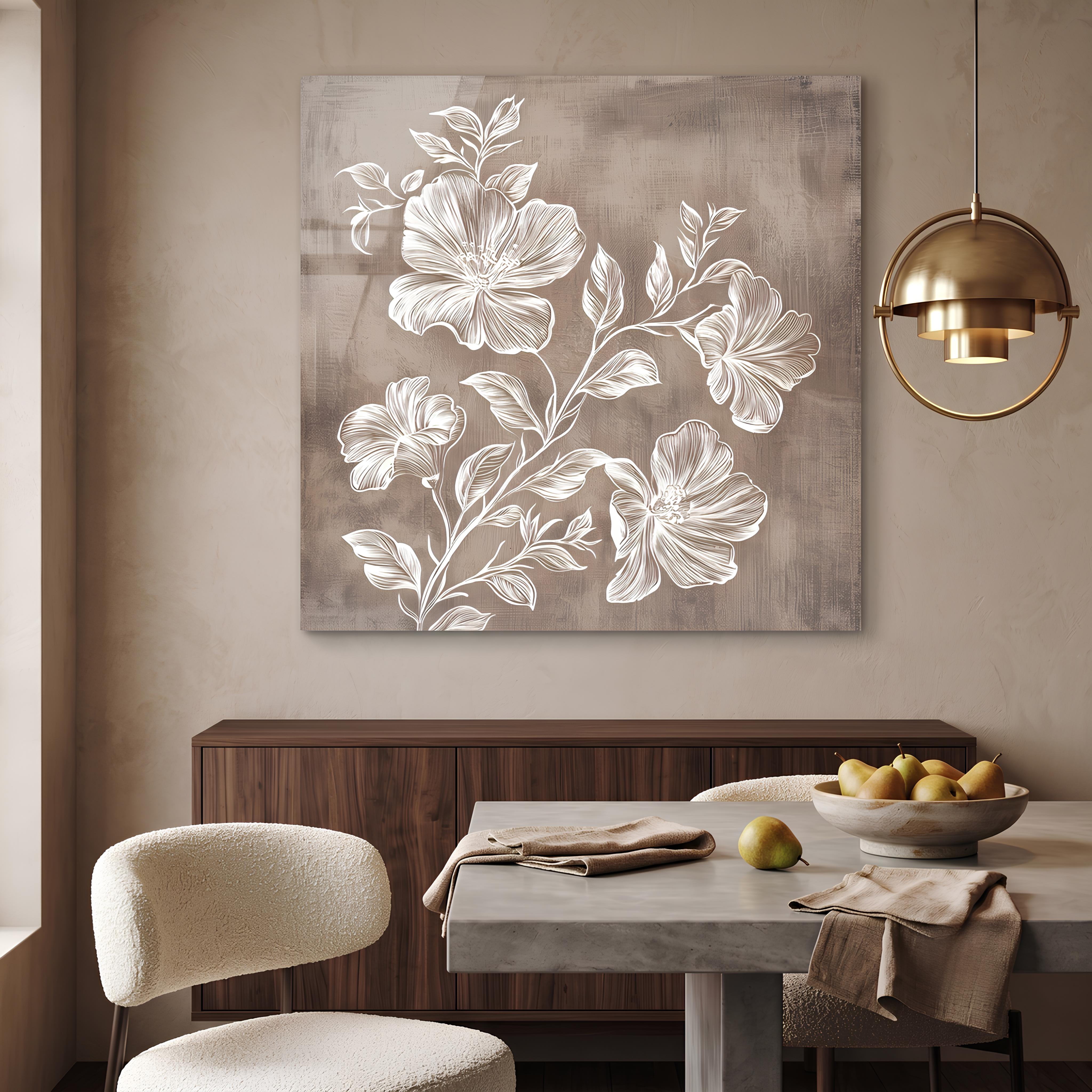 Minimalist Taupe Floral Glass Wall Art
