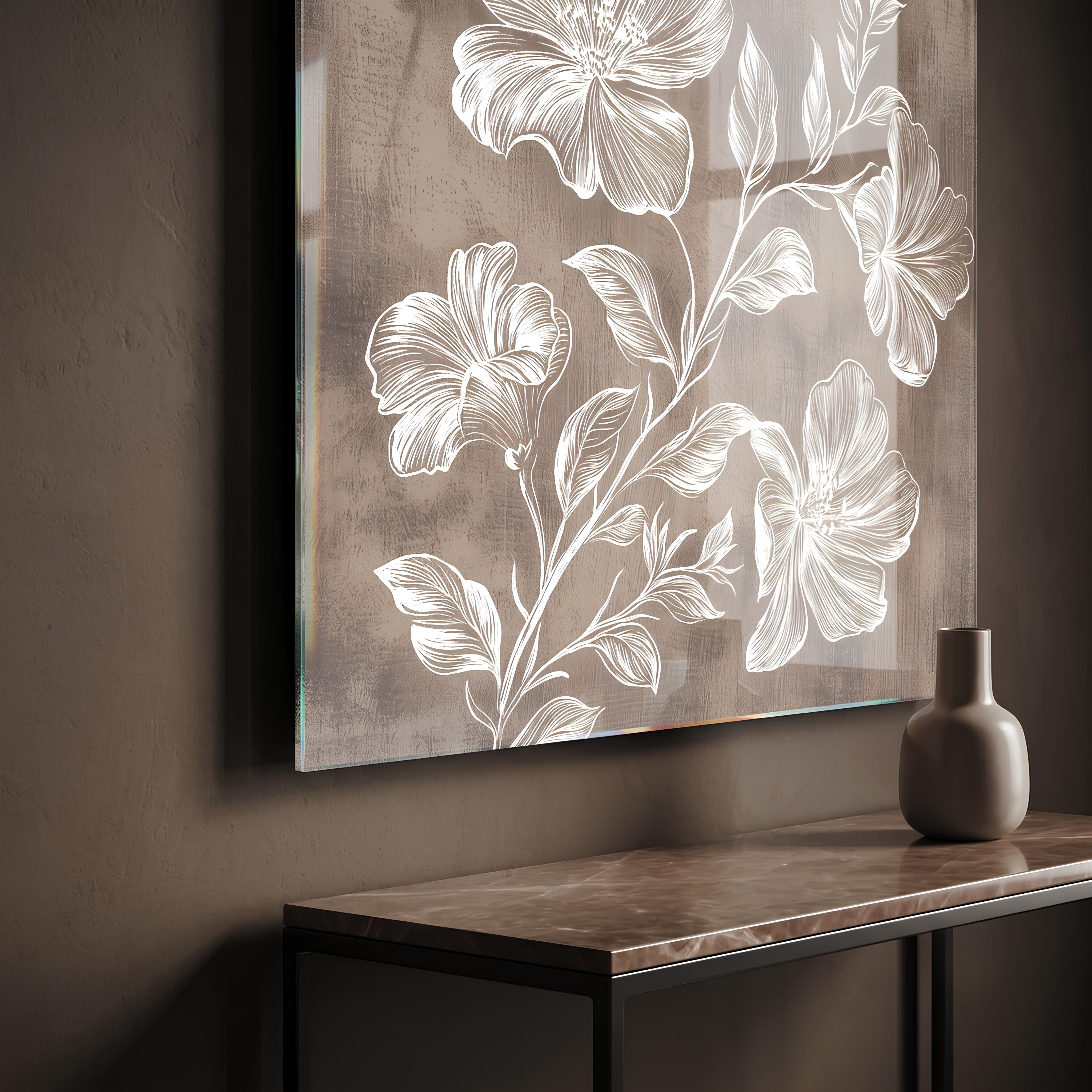 Minimalist Taupe Floral Glass Wall Art