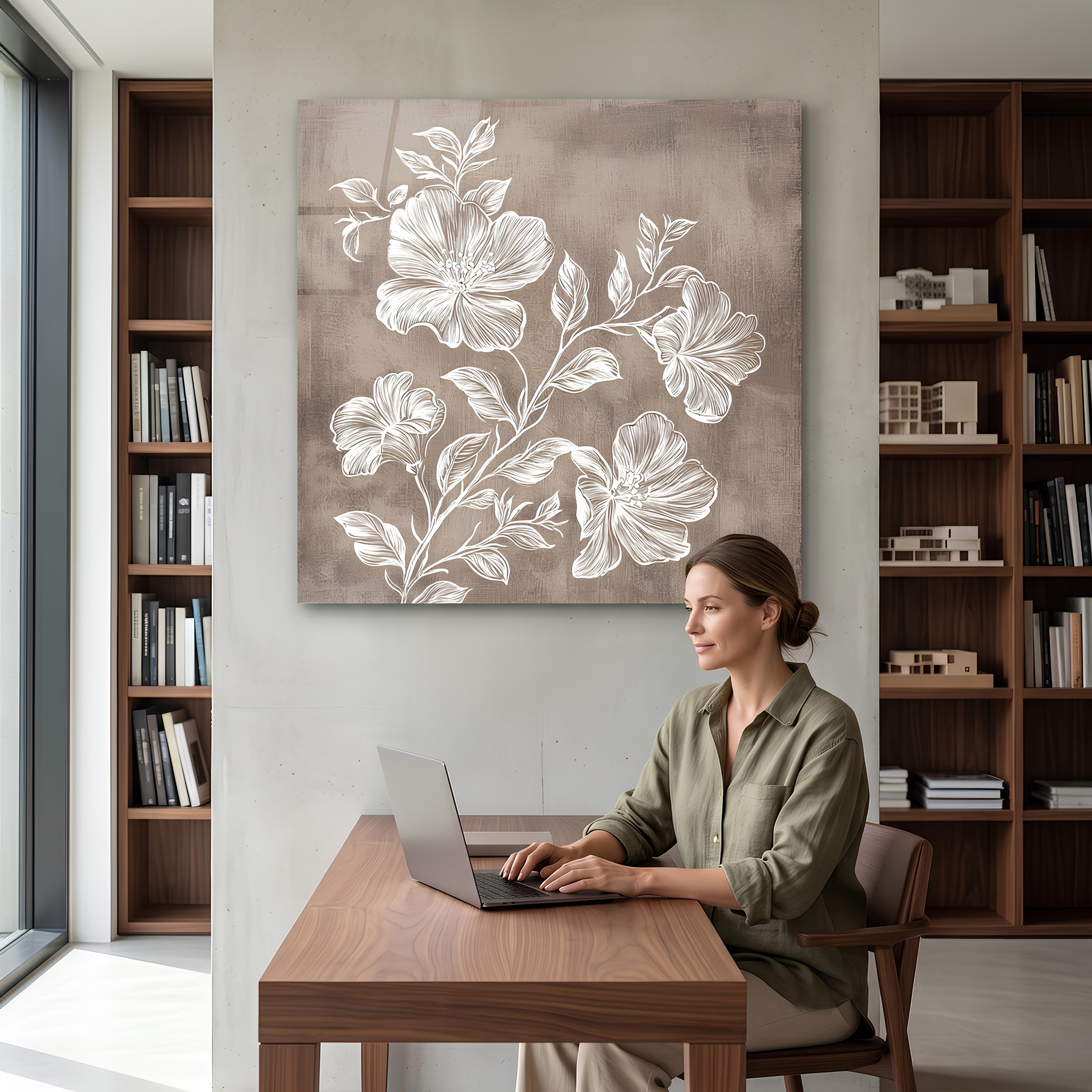 Minimalist Taupe Floral Glass Wall Art