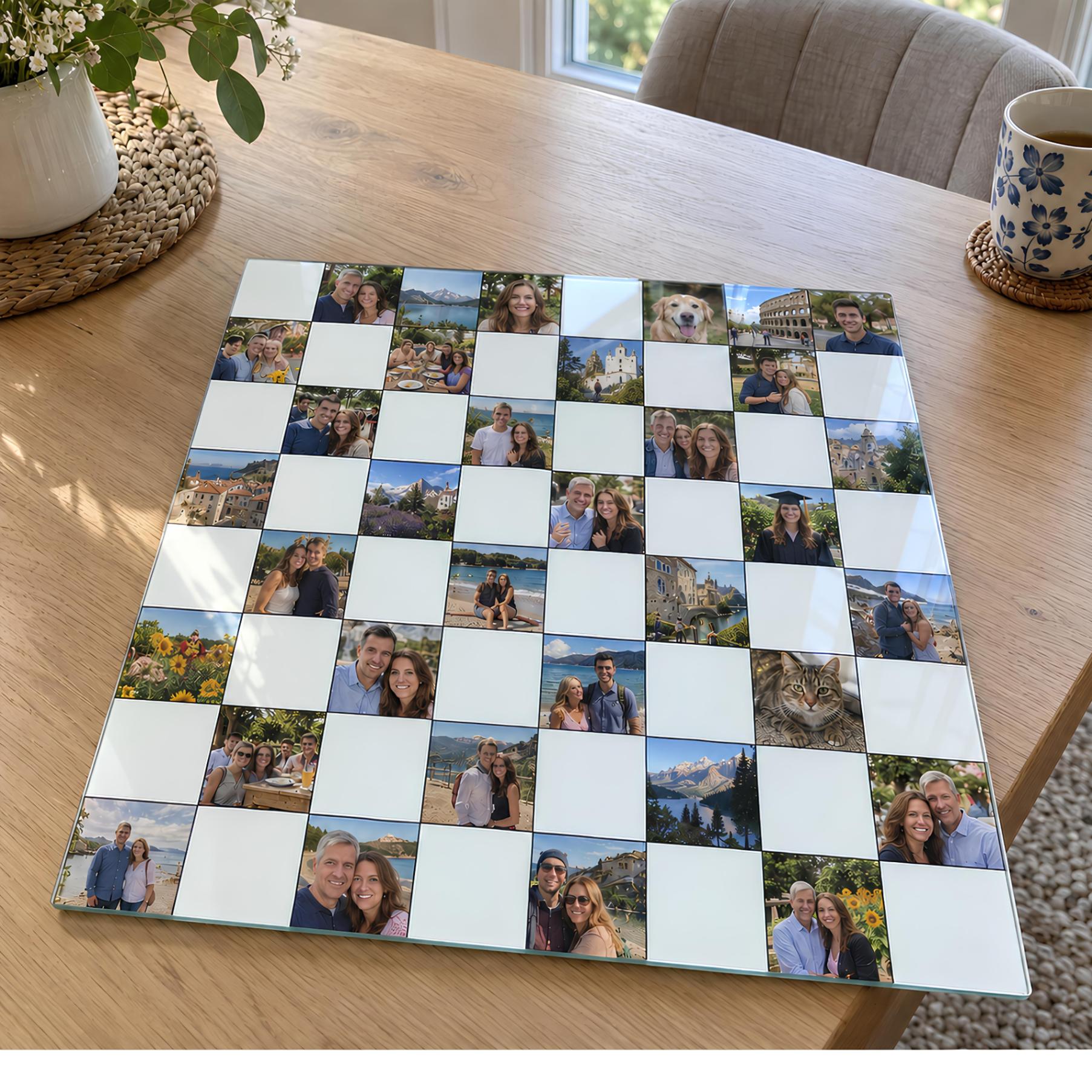 Personalized Photo Glass Chessboard with 32 Pictures – Custom Tempered Glass Chess Board, Your own Photos on Glass -