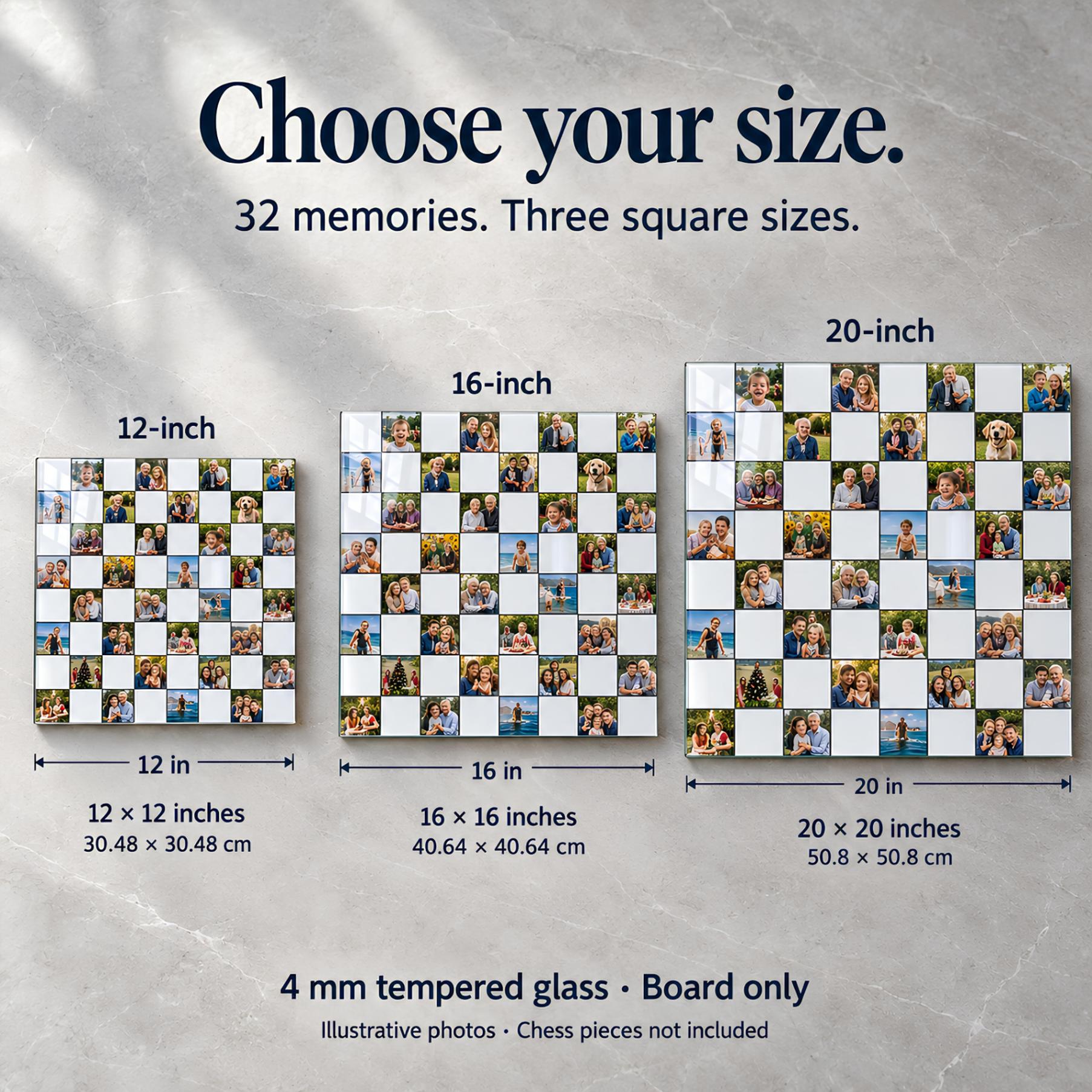 Personalized Photo Glass Chessboard with 32 Pictures – Custom Tempered Glass Chess Board, Your own Photos on Glass -