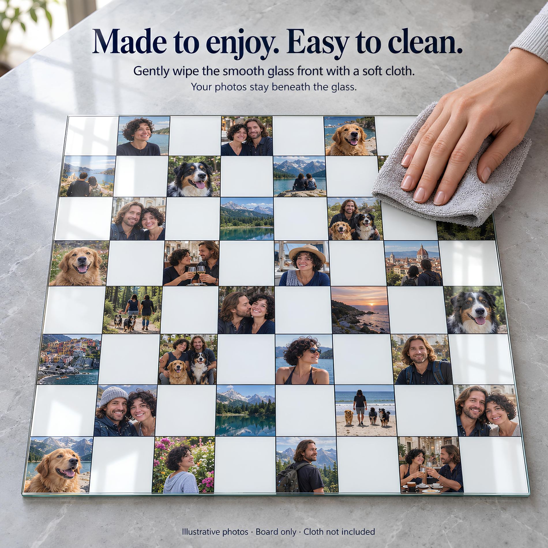 Personalized Photo Glass Chessboard with 32 Pictures – Custom Tempered Glass Chess Board, Your own Photos on Glass -