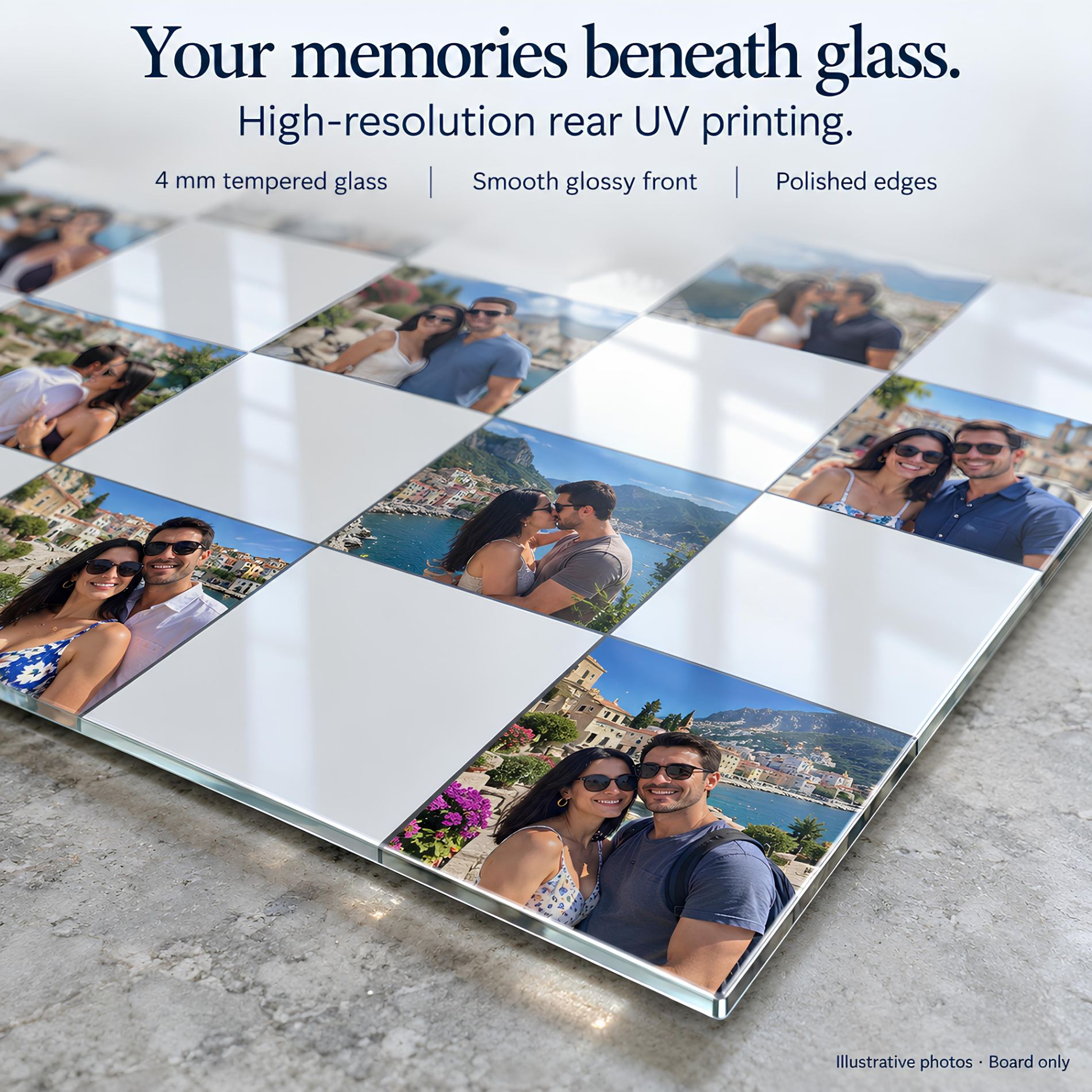 Personalized Photo Glass Chessboard with 32 Pictures – Custom Tempered Glass Chess Board, Your own Photos on Glass -