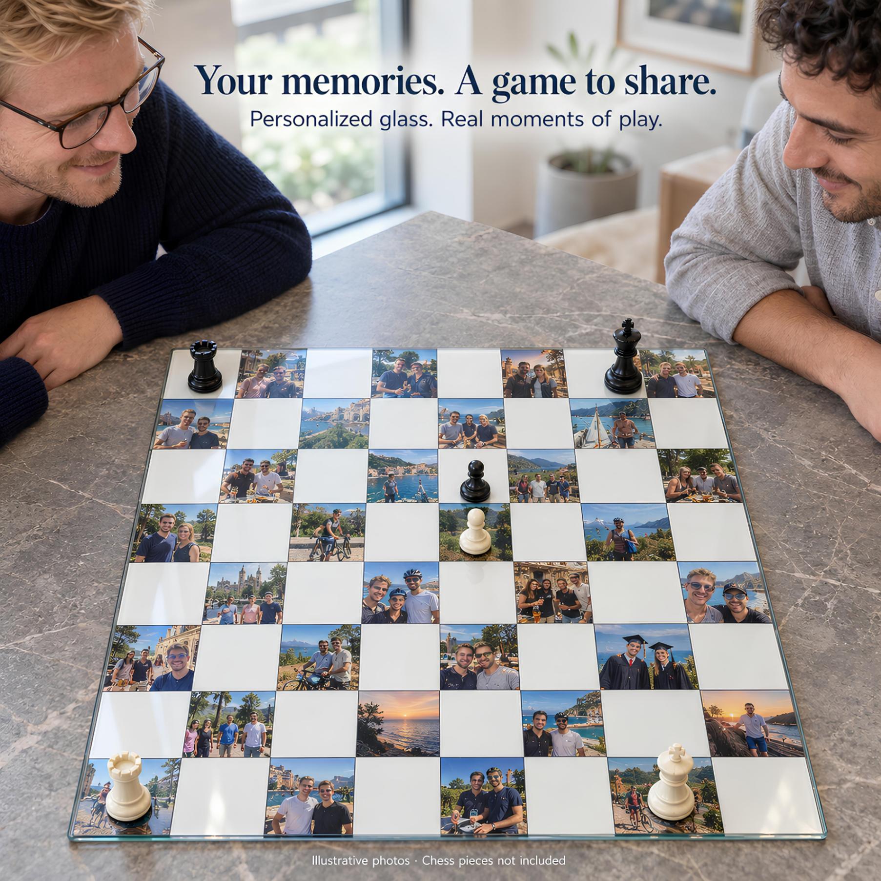 Personalized Photo Glass Chessboard with 32 Pictures – Custom Tempered Glass Chess Board, Your own Photos on Glass -