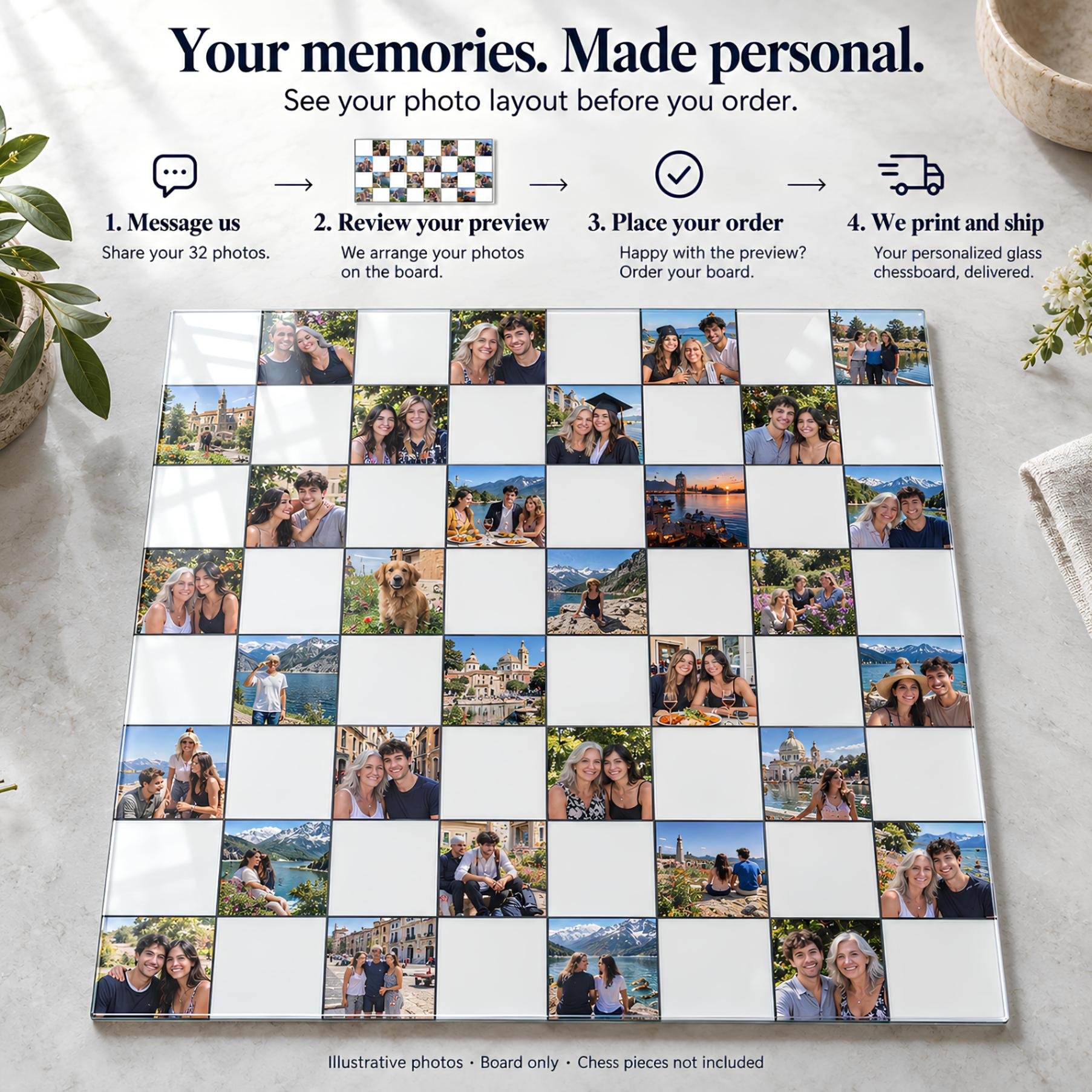 Personalized Photo Glass Chessboard with 32 Pictures – Custom Tempered Glass Chess Board, Your own Photos on Glass -