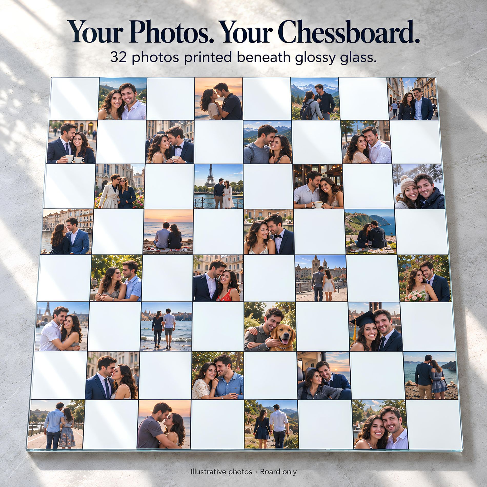 Personalized Photo Glass Chessboard with 32 Pictures – Custom Tempered Glass Chess Board, Your own Photos on Glass -
