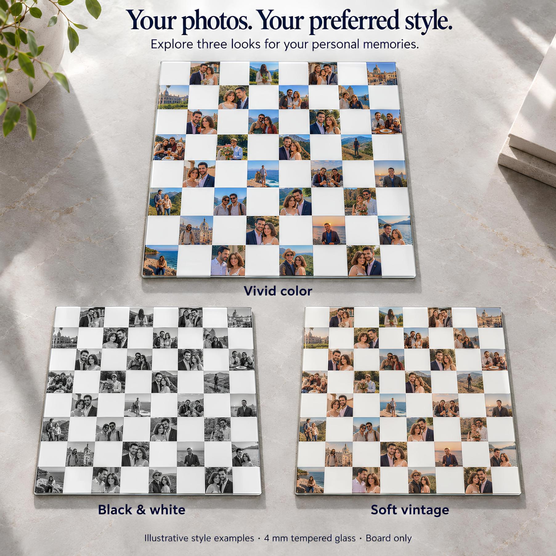 Personalized Photo Glass Chessboard with 32 Pictures – Custom Tempered Glass Chess Board, Your own Photos on Glass -