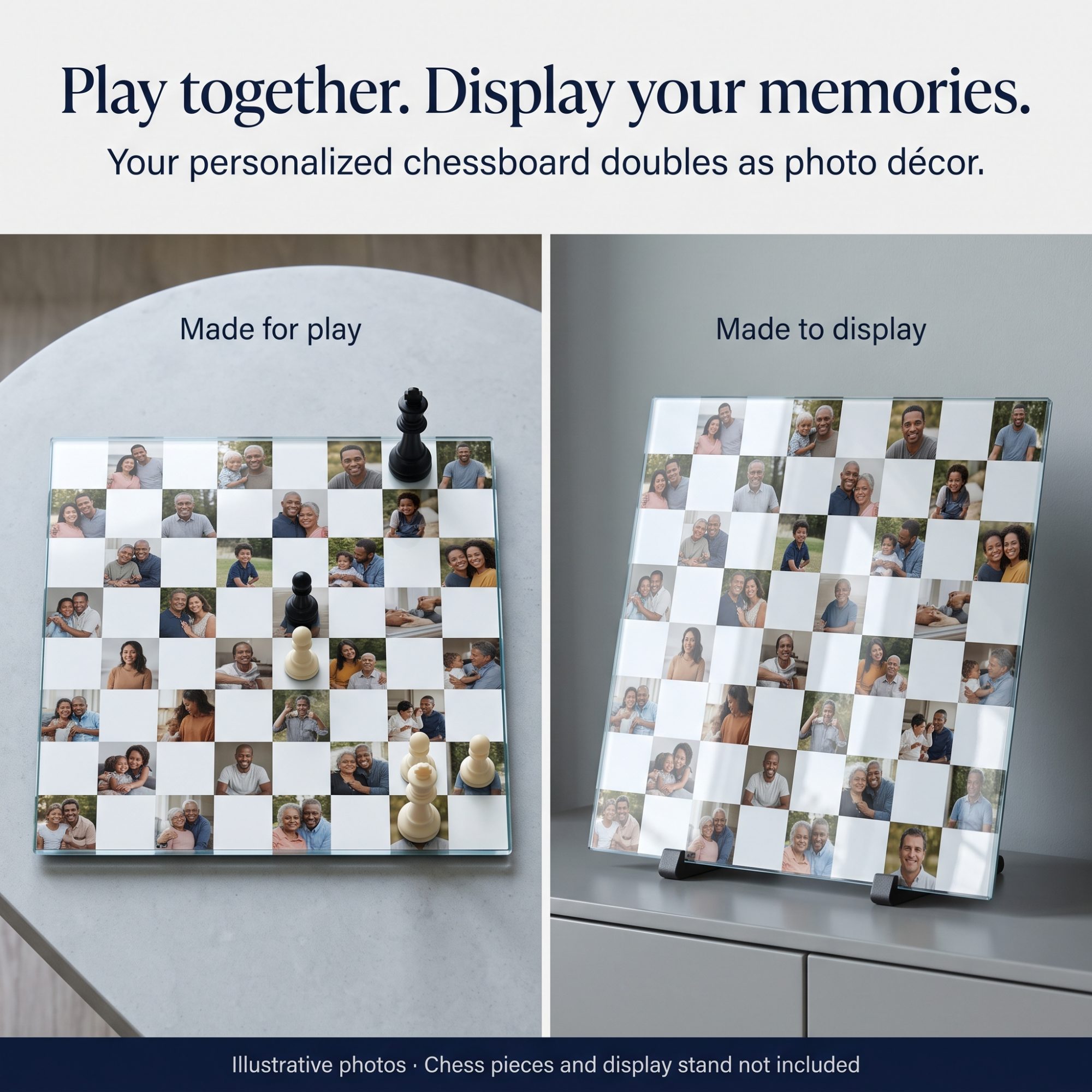 Personalized Photo Glass Chessboard with 32 Pictures – Custom Tempered Glass Chess Board, Your own Photos on Glass -