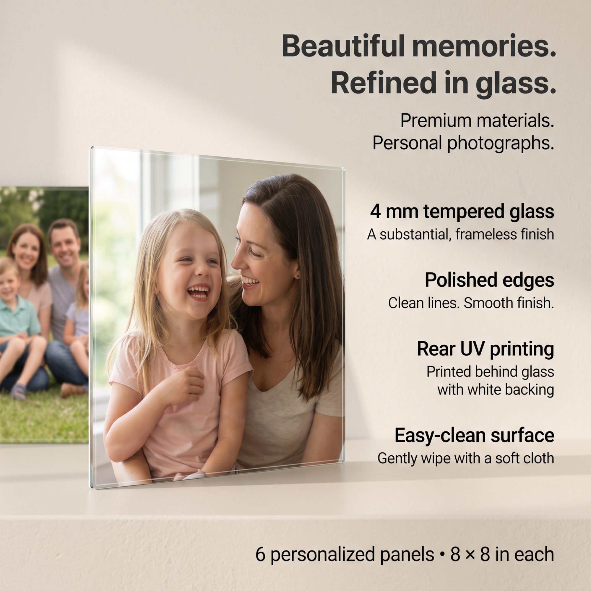 Personalized Glass Photo Wall Art – Set of 6 Custom 8×8-Inch Tempered Glass Photo Tiles