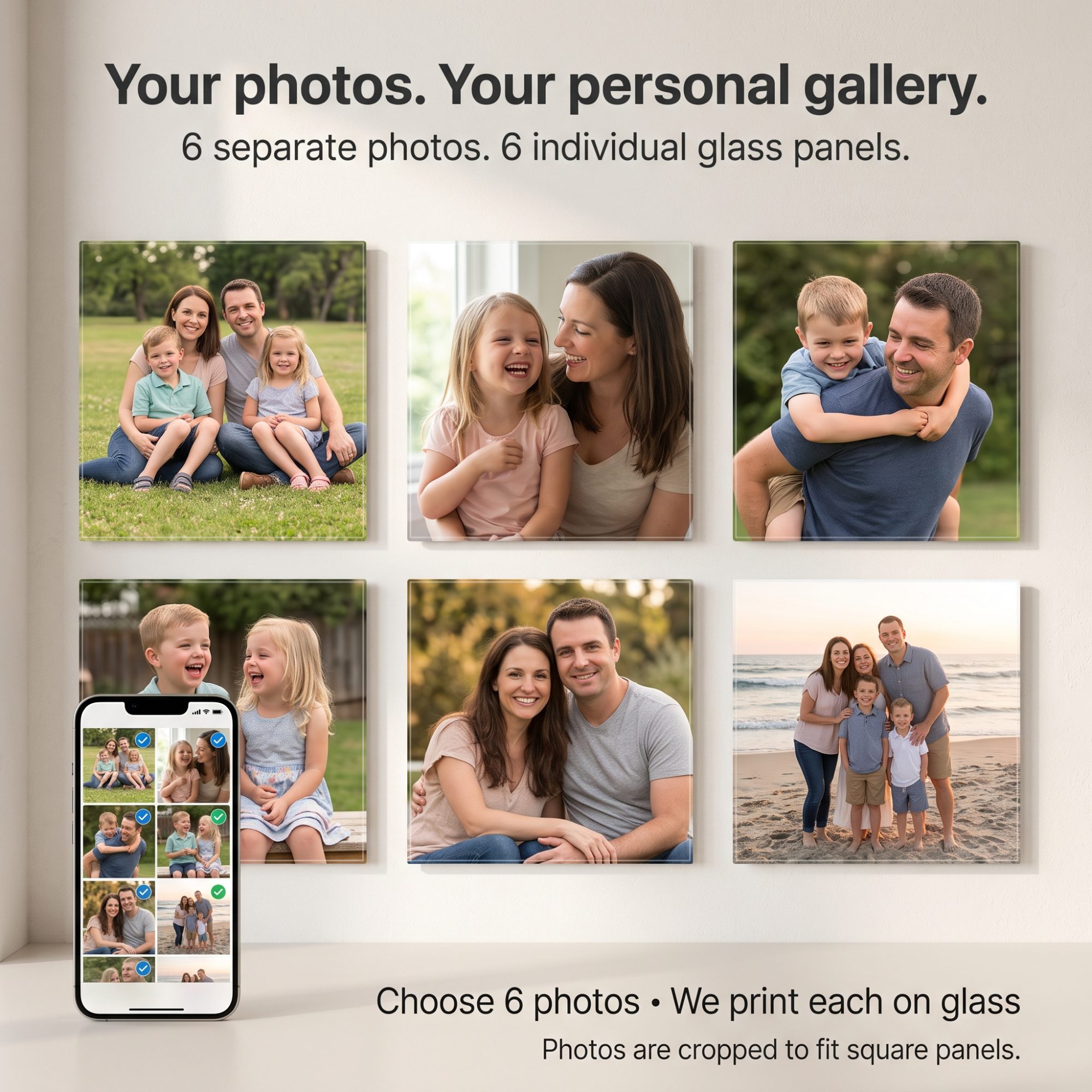 Personalized Glass Photo Wall Art – Set of 6 Custom 8×8-Inch Tempered Glass Photo Tiles