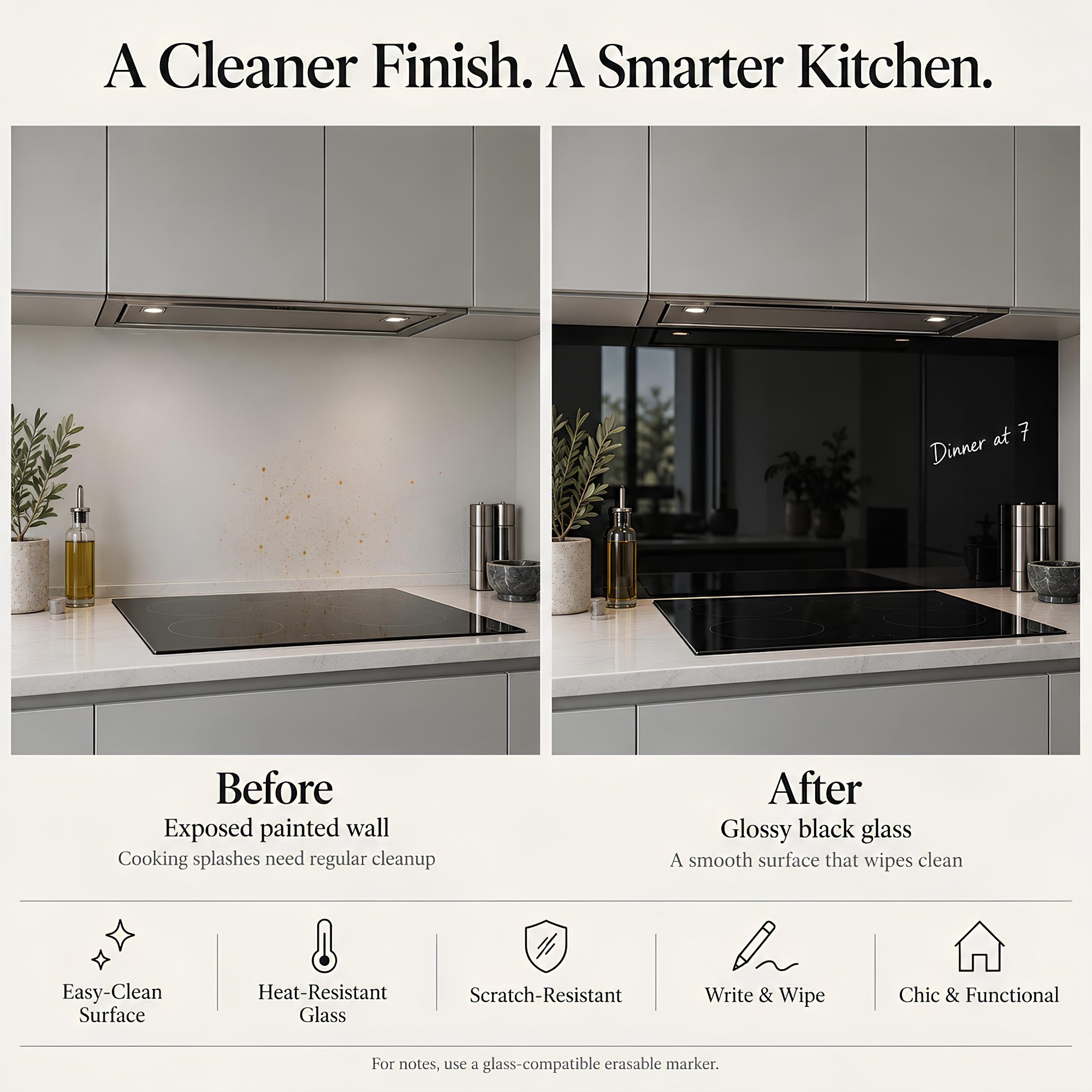 Black Glass Backsplash – Glossy Tempered Glass Splashback Panel, Custom Sizes - "Functional Beauty"