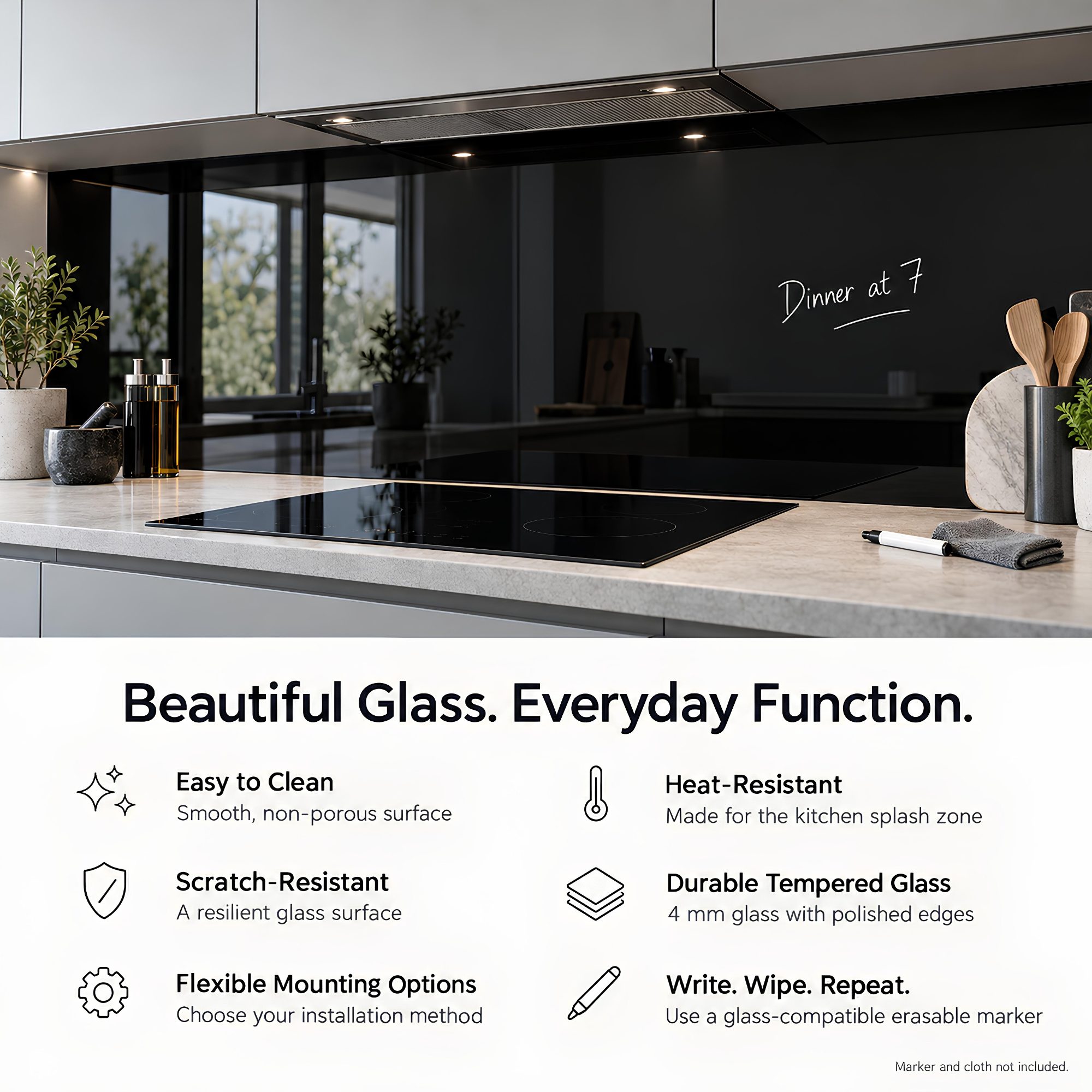 Black Glass Backsplash – Glossy Tempered Glass Splashback Panel, Custom Sizes - "Functional Beauty"