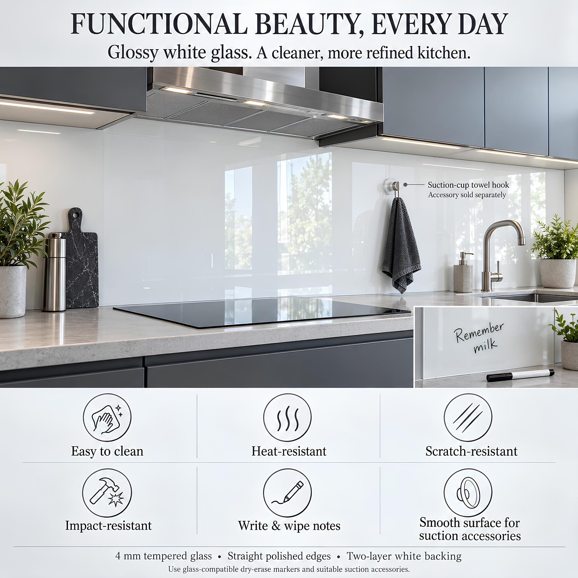 White Glass Splashback, 4mm Tempered Glass - Easy to Clean and Functional Beauty