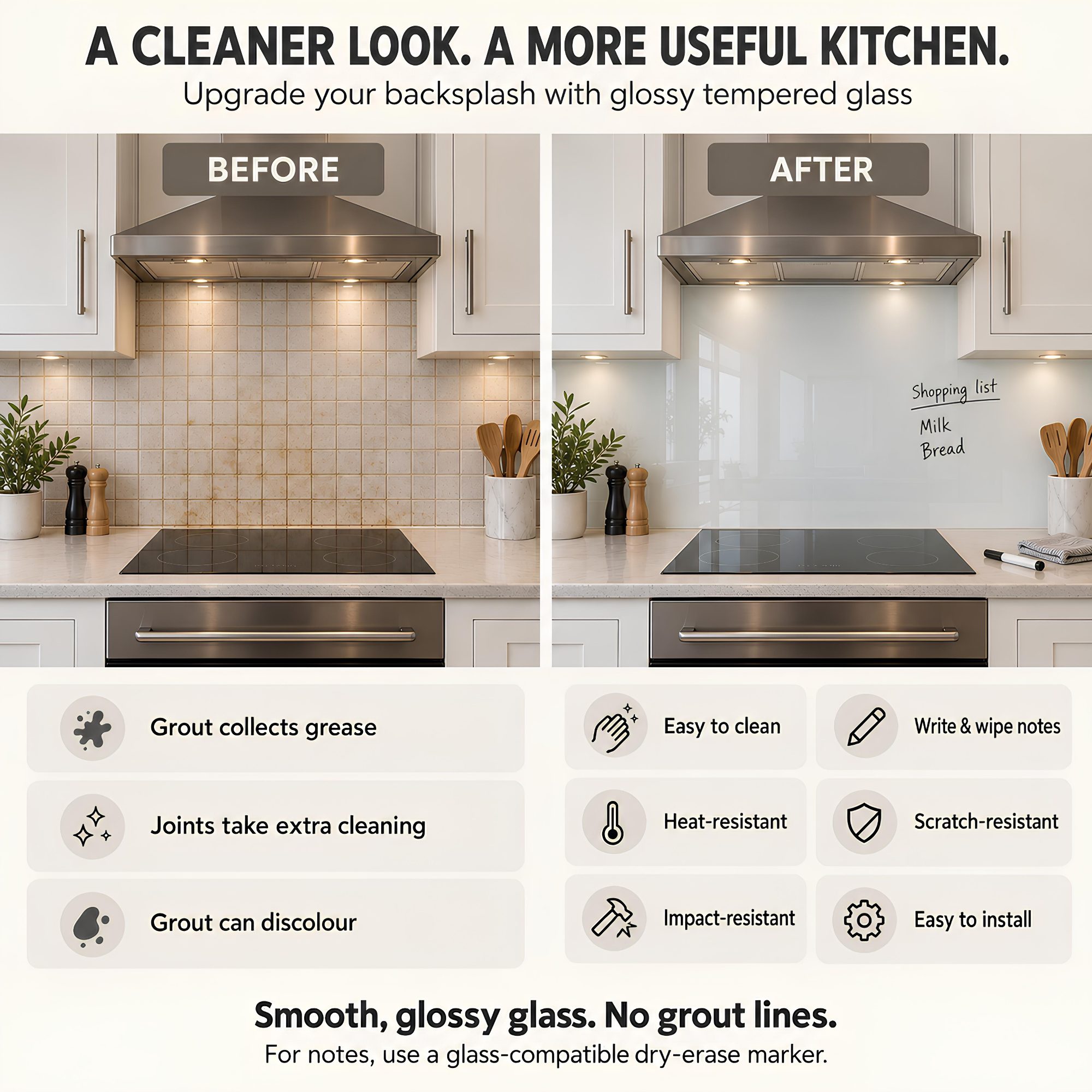 White Glass Splashback, 4mm Tempered Glass - Easy to Clean and Functional Beauty