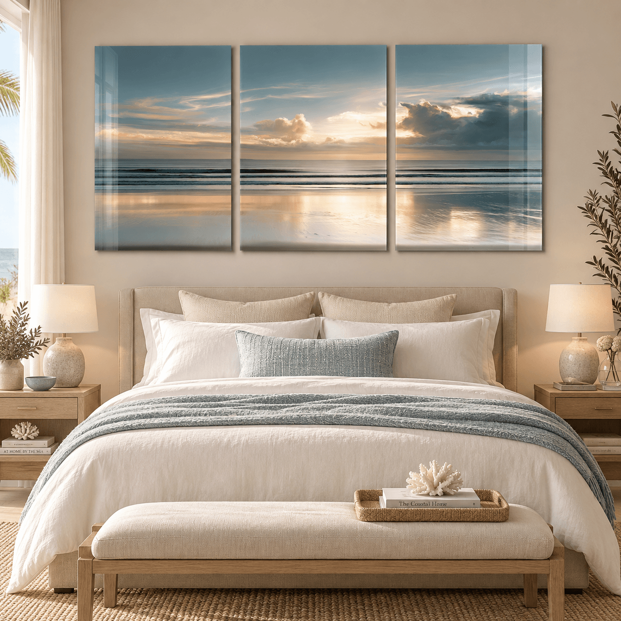 Ocean sunset 3-panel glass artwork mounted above a neutral upholstered bed with blue accents