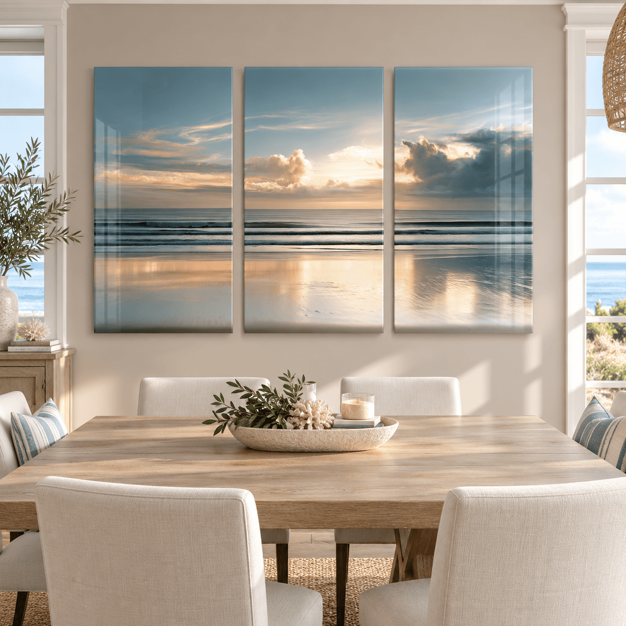 Triptych beach sunset wall art hanging above a wood dining table set with white chairs