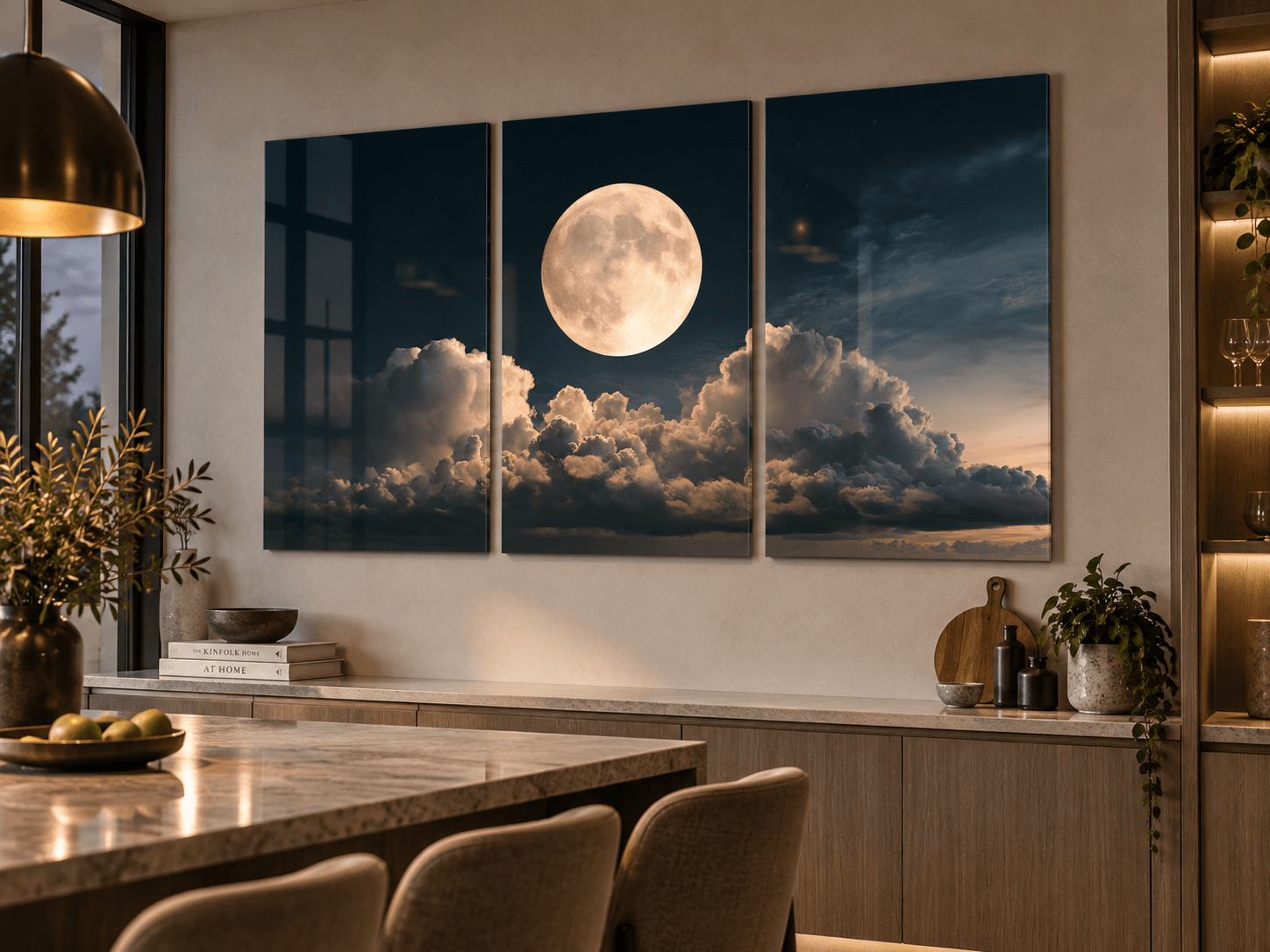 Moonrise cloudscape triptych glass panels mounted above a kitchen and dining counter