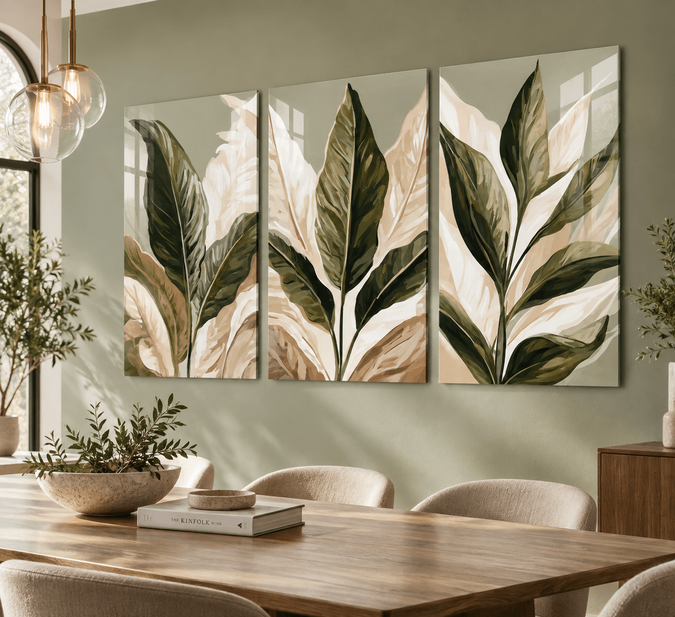 Three-panel botanical leaf glass wall art above a wood dining table with pendant lighting