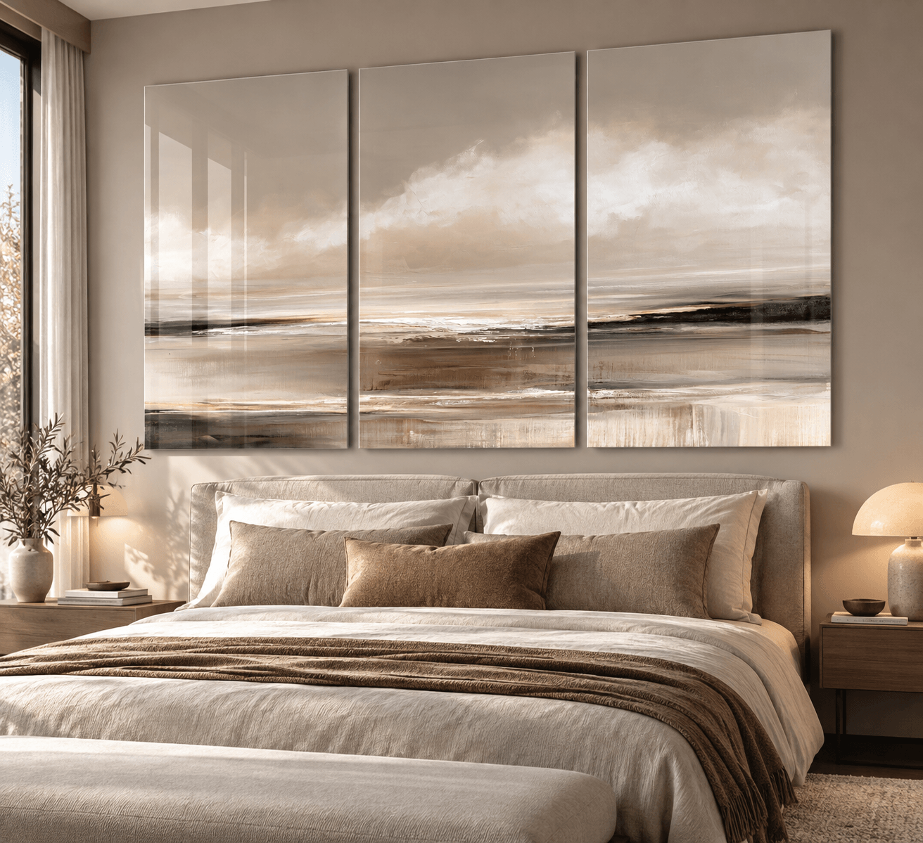 3-piece glass wall art triptych mounted above an upholstered bed in a warm neutral bedroom