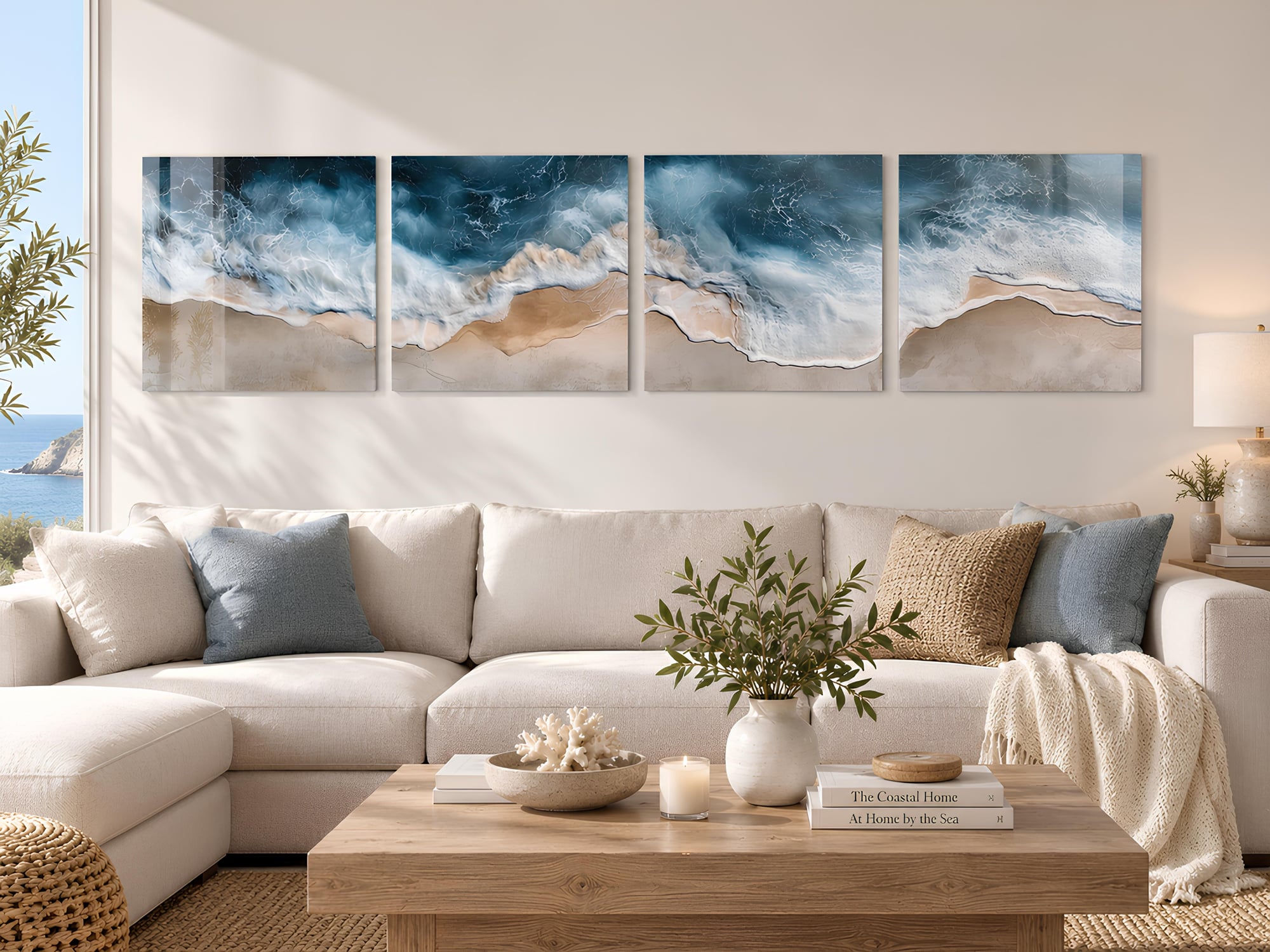 4-piece coastal wave glass art above a cream sectional sofa with blue and tan pillows