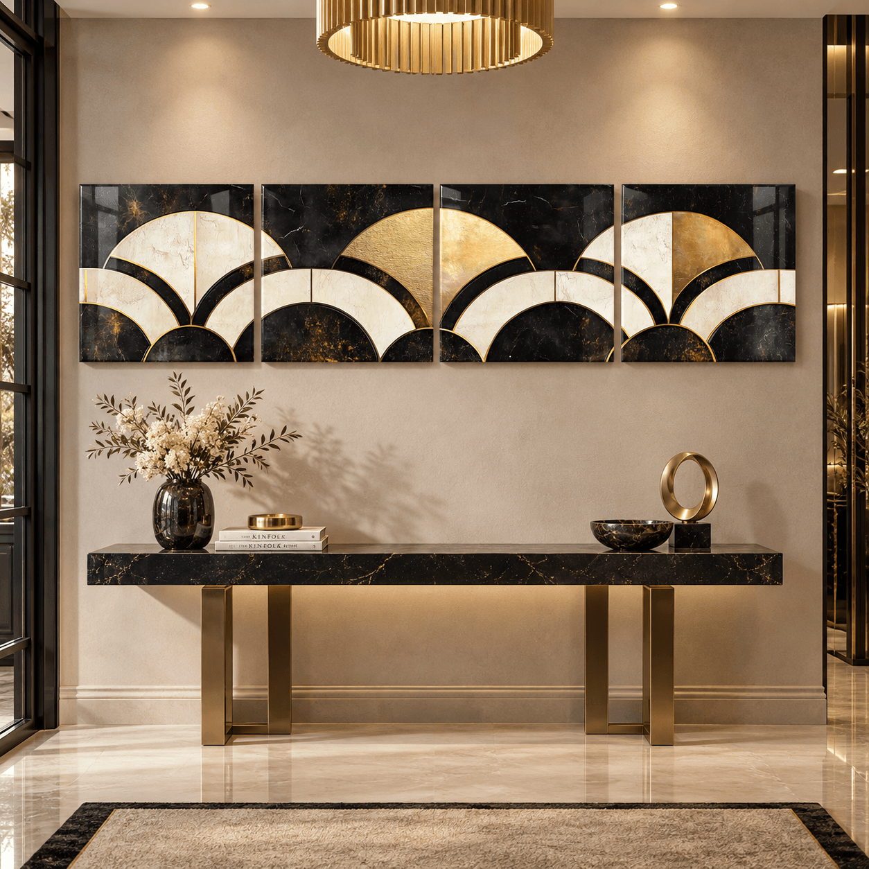 Art Deco fan glass wall art panels above a black marble entryway console table